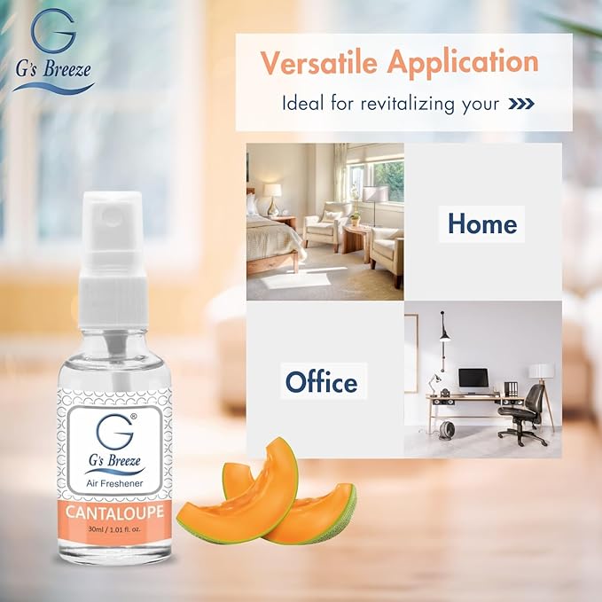 G's Breeze Cantaloupe Air Freshener - Sweet, Refreshing & Juicy Scent of Ripe Cantaloupe - Uplifting Aroma, Fruity Spray for Home, Office or Car - Energizing & Long-Lasting Fragrance - Pet Friendly