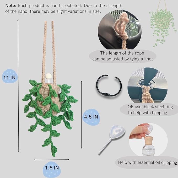 Handmade Crochet Hanging Car Air Freshener,12ml Empty Refillable Oil Diffuser Bottle with Crochet Hanging succulents Plant for Car Rearview Mirror for Home, and Office Hanging Diffuser Decor