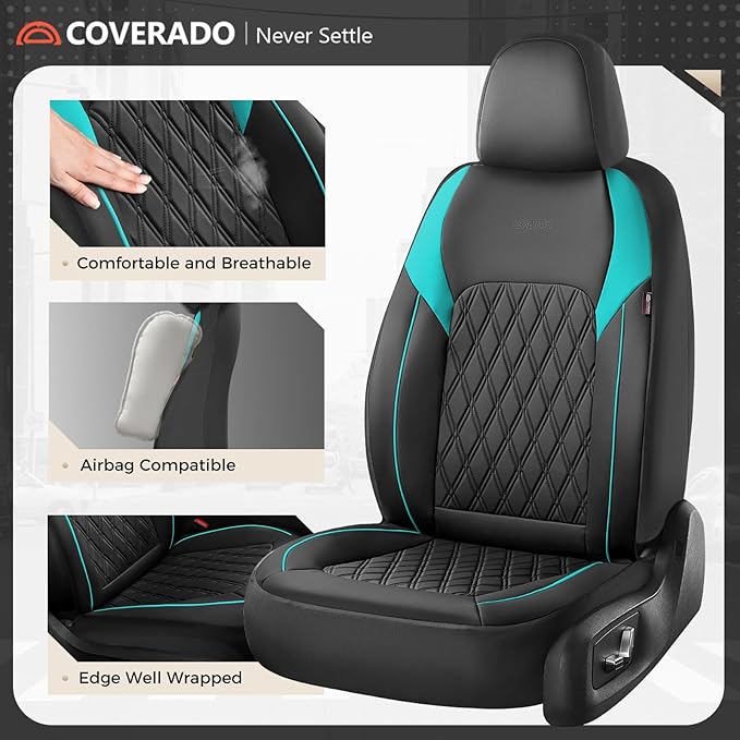 Coverado Seat Covers Full Set, Faux Leather Car Seat Covers for Cars, Waterproof Car Seat Cover, Universal Seat Covers, Car Seat Protector Car Seat Cushion Universal Fit Most Cars Trucks, Black&Blue
