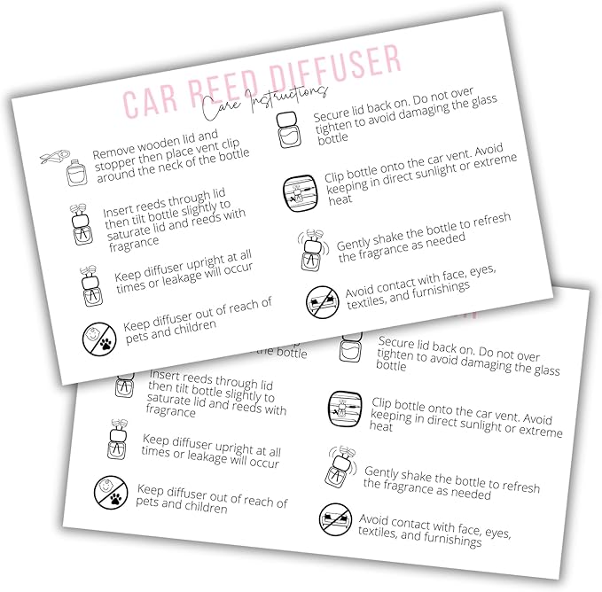 Reed Vent Car Oil Diffuser Care Instruction Card | 50 pk 2x3.5” Freshie Wood Top Car Freshie Insert Package for Selling to DIY Customers