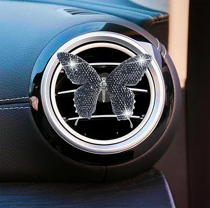 Dotesy 2 Pack Bling Bling Butterfly Air Vent Clips Crystal Butterfly Car Air Fresheners Vent Clips Diamond Cute Car Interior Decor for Women (Black)