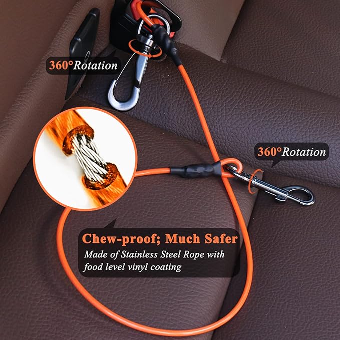 VIVAGLORY Dog Seat Belt Tuffbelt Dog Car Harness, Seatbelt with Clip & Hook for Car Travel, Chew Proof Anti Chew Unchewable Metal Safety Tether Restraint, M, Orange