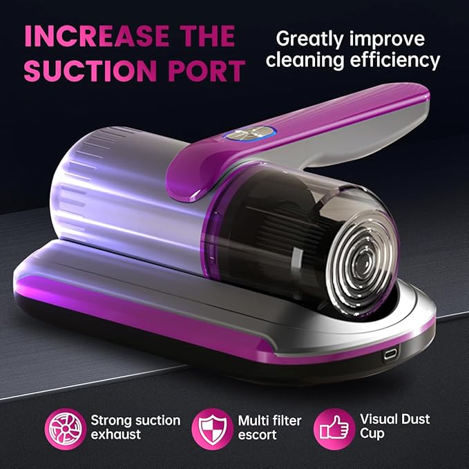 PATO Mattress Vacuum Cleaner, Wireless Handheld Bed Vacuum Cleaner with UV-C Light, HEPA Filter and Ultrasonic Vibration, 12KPa, Suitable for Beds, Sofas, Car Seats, Carpets (Purple)