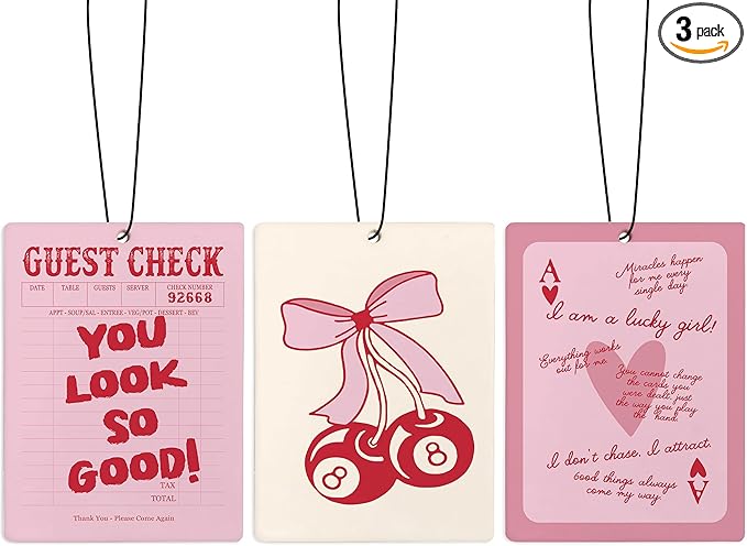 Cute Pink Car Air Freshener, Coquette Pink Bow Lucky 8 Ball Cherry Ace Card Air Freshener Hanging 3 Pcs for Cars Closet Drawer or Books, Girly Preppy Car Accessories Mirror Decor for Women