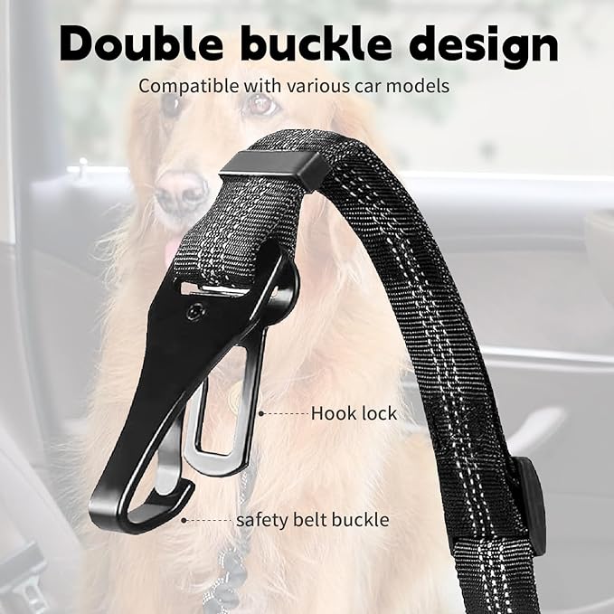 Dog seat Belt for car,2Pack 3-in-1 car Harness for Dogs Safety seat Belt Bungee,Dogs Seats Belt stether with Buckle&Hook Latch,Adjustable Reflective Dog seat Belts with 360° Lockable Buckle(Black)
