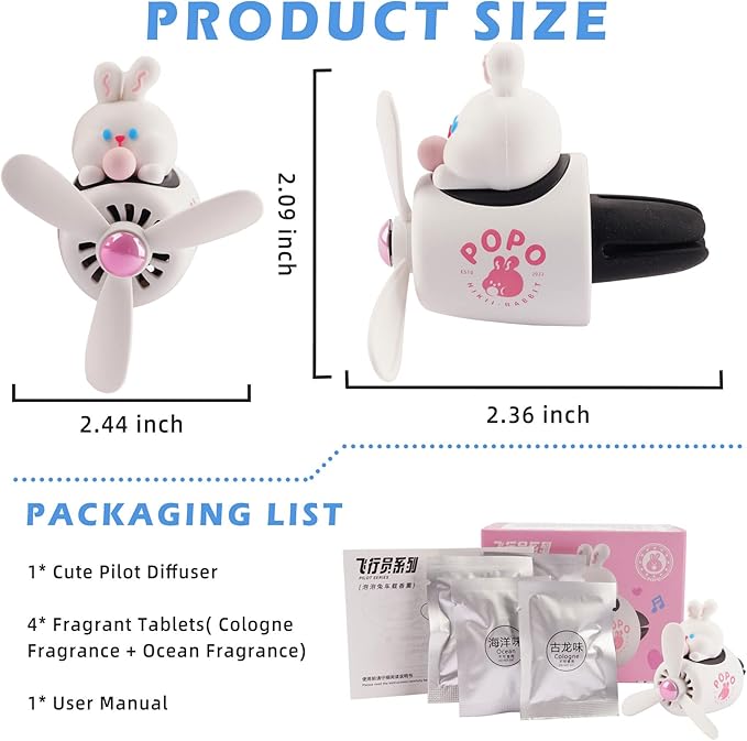 Car Air Freshener Cute Cartoon Rabbit Pilot Car Diffuser Rotating Propeller Automotive Air Outlet Fan Creative Car Perfume Decoration Cool Car Accessories