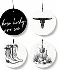 Western Round Car Air Freshener 4 Pcs, Preppy Cow Skull Cactus Cowgirls Boots Hanging Air Freshener for Cars Closet Drawer Books, Black and White Western Car Accessories Mirror Decor for Women