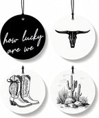 Western Round Car Air Freshener 4 Pcs, Preppy Cow Skull Cactus Cowgirls Boots Hanging Air Freshener for Cars Closet Drawer Books, Black and White Western Car Accessories Mirror Decor for Women