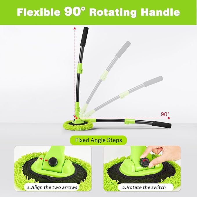 Car Wash Brush Kit with 15° Curved Long Handle, Car Cleaning Kit with 2 Replaceable Car Washing Mop, Wash Sponge, Mitt, Towel, Tire Brush, Cleaning Tools for Cars RV SUV Truck (Green)