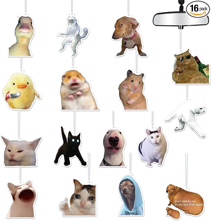 Funny Meme Car Air Fresheners - 16Pcs Cute Cat Dog Animals Freshener Hanging Ornaments for Women Men, Interior Air Essential Fragrant Pendants for Birthday Party Gift Car Mirror Home Wardrobe