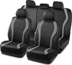 PIC AUTO Leather Car Seat Covers, Premium Automotive Waterproof Front & Rear Full Set Bucket Car Seat Protectors, Black and Gray PVC Patchwork, Fits for Cars, Trucks, Van, SUV, Airbag Compatible