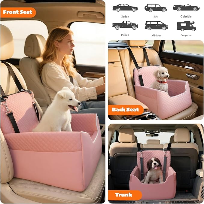 Dog Car Seat for Small/Medium Dogs Under 35lbs, Soft Booster Car Seat with Detachable Washable Cover and Cushion, Memory Foam Pet Car Seat with Safety Belt and Storage Pockets, Puppy Dog Car Bed
