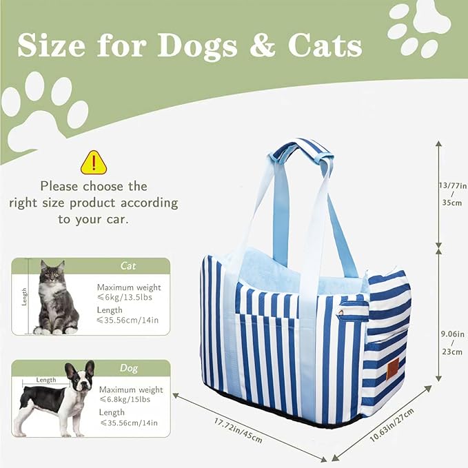 Cullaby Console Dog Car Seat - Portable Dogs Armrest Booster Seat for Small Dog, Anti-Collapse Pet Car Seat with Soft Cushion Safety Belt, Support Pet Up to 15lbs (Blue& White Stripes)
