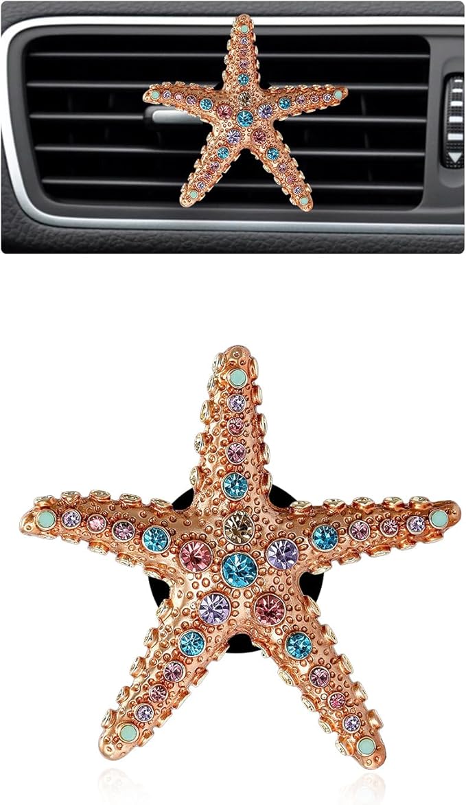Starfish Car Decor,Cute Beach Car Vent Clip,Colorful Rhinestones Starfish Car Air Freshener,Ocean Themed Accessories for Women Teens,Refillable Diffuser (Pink Gold Starfish)