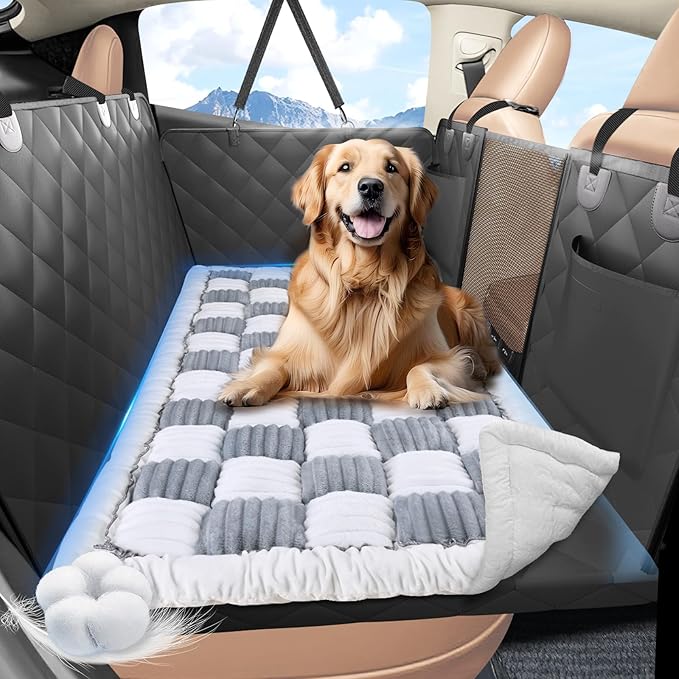 Backseat Dog Bed Non-Slip, Dog Bed for Car Back Seat Soft and Comfortable, Back Seat Pet Bed Mat for Travel, Pet Car Blanket for Backseat Extender and Seat Covers 51"X 23.5" Light Grey & White