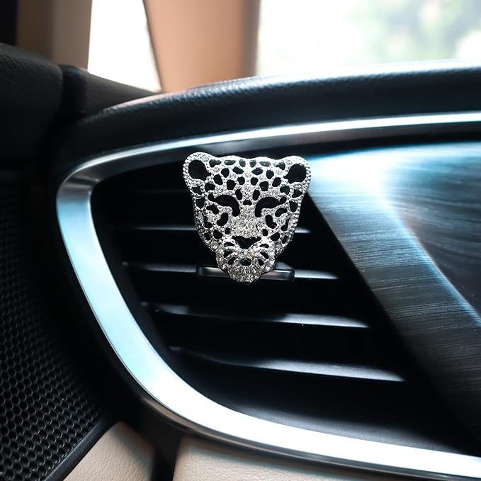 Leopard Car Accessories,2pcs Silver Leopard Head Car Air Freshener Vent Clip for Women Teens,Refillable Essential Oils Perfumes Diffuser