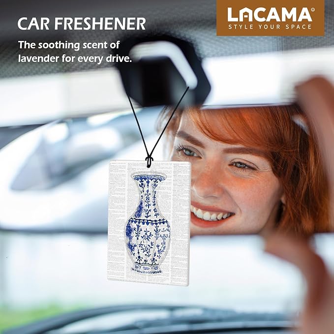 Lacama Retro Blue Chinoiserie Car Air Freshener 3Pcs, Vintage Newspaper Chinoiserie Cars Scents Air Freshener for Women Girls Gifts, Grandmillenial Car Accessories Interior Mirror Decor Hanging
