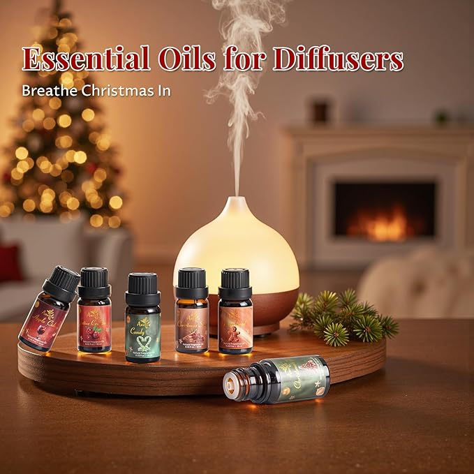 Winter Essential Oil Set | 6 Pack Holiday Fragrance Oils for Diffuser, Candle Making | Christmas Tree, Spice, Gingerbread, Apple Cider, Candy, Cranberry | Aromatherapy Gift Set for Home & Women