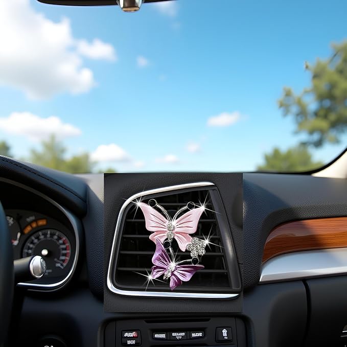 Car Air Fresheners Vent Clips for Women, Cute Dual Butterfly Diamond Rhinestone Sparkly Bling Air Freshener Accessories