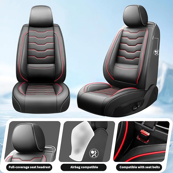 Fit Kona Car Seat Covers for Select Hyundai Kona 2018-2025 2026. Premium Leather, Waterproof， Breathable, Scratch-Resistant & All-Weather Seat Cushion Protector (Full Set, Red Line Black)