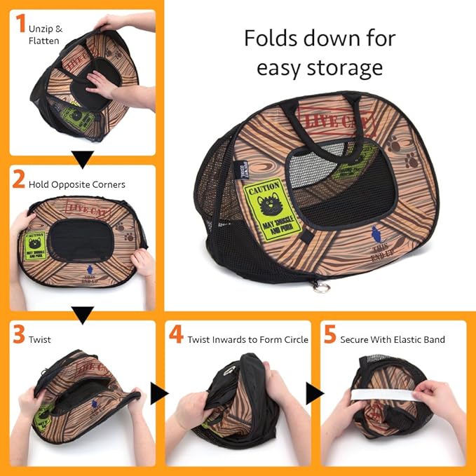 SportPet Designs Pop Open Cat Carrier, Soft-Sided Collapsible Travel Carrier for Cats up to 15 lbs, Lightweight Portable Design with Mesh Ventilation & Secure Zippers, Patterned Live Cat