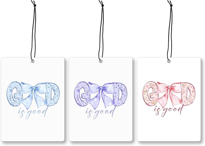 Mancheng-zi God Is Good Coquette Christian Car Air Freshener 3Pcs, Cute Preppy Girly Bow Religious Air Freshener Hanging for Cars Closet Drawer or Books, Blue Purple Pink Car Accessories Mirror Decor