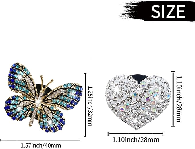 Bling Heart Butterfly Air Freshener Clips, 4 Pcs Car Vent Diffuser, Rhinestone Decoration, Cute Interior Accessories for Women (Blue)