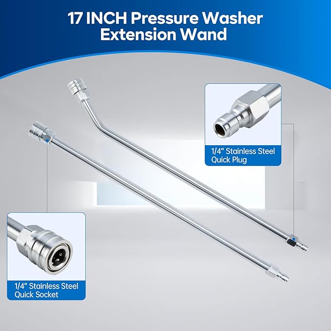 Pressure Washer Extension Wand, Power Washer Wand Extension, Stainless Steel Lance 1/4 Inch Quick Connect to M22, 17 Inch Extension Wand and 30 Degree Curved Angled Extension Wand, 2 Pack