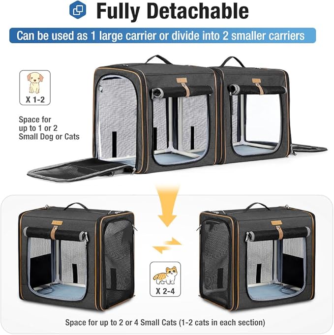 Lekereise Large Cat Carrier for 2 Cats, 2-in-1 Cat Travel Carrier with Litter Box, (17.7" x2) x16.5"x13" Pet Carrier with Zipper Locks for Moving Across The Country (No Hammock) - Black
