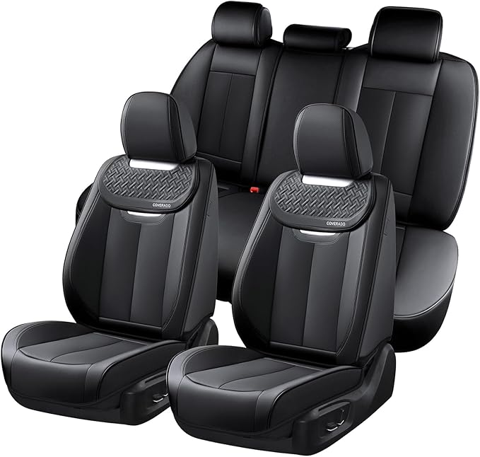 Coverado Car Seat Covers Full Set, Luxury Nappa Leather Seat Cover, Universal Seat Covers for Cars, Front and Back Waterproof Seat Cover Car Seat Protector Fit for Most Cars(Black)