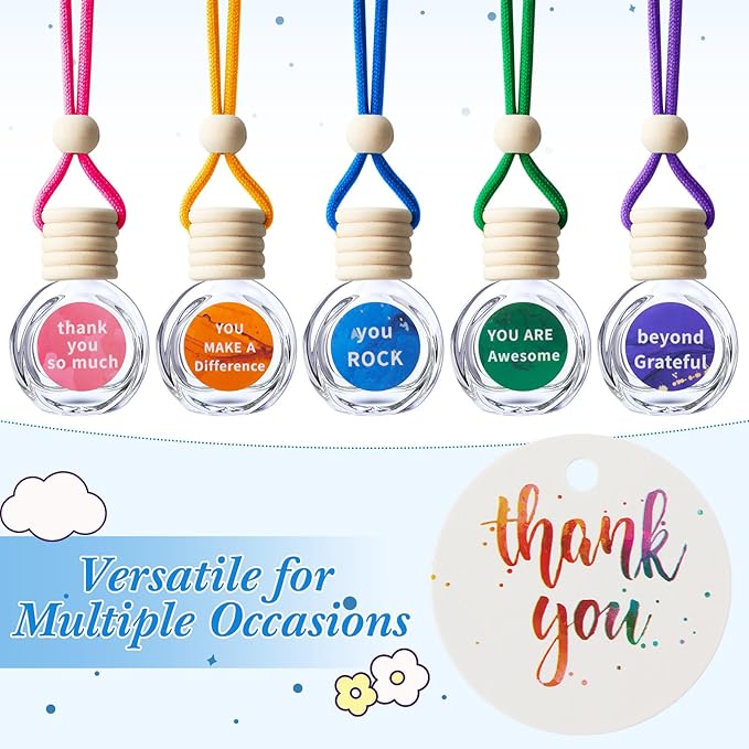 Boao 15 Pcs Hanging Car Air Freshener Diffuser Bottles Bulk, Empty Refillable Glass Perfume Pendants with Wood Caps, DIY Essential Oil Car Ornaments with Thank You Cards for Wedding Party Favors