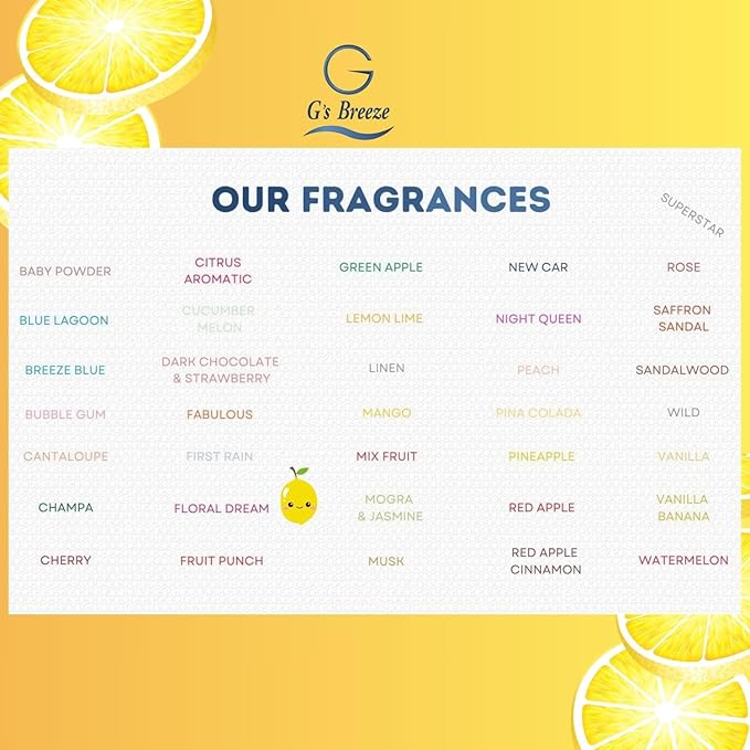 G's Breeze Lemon Lime Air Freshener - Refreshing & Energizing Fragrance with Freshly Squeezed Lemon & Lime Essence - Long Lasting Zesty, Citrus Aroma- Ideal Scent Choice for Home, Car & Office