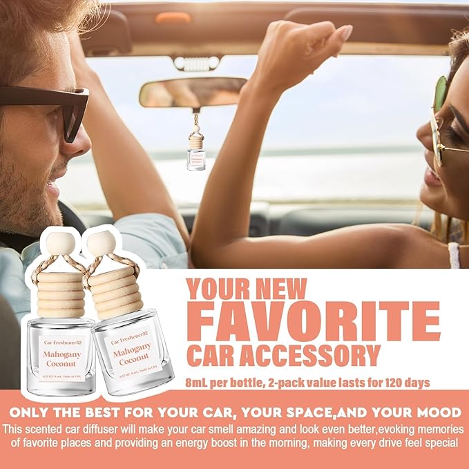 C Classy Car Air Freshener Hanging 2 Pack, Mahogany Coconut Essential Oil Diffuser for Cars, Cute Car Freshener, Long-Lasting Fragrance, C ar Air Fresheners for Women & Men Gift, Made in USA