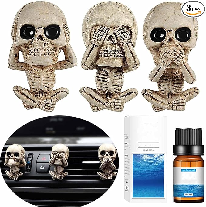 Evil Skull Car Air Fresheners Vent Clips, Cool Skull Car Accessories with 6 Felt Pads, Cute Automotive Halloween Decorations Interior for Men Women