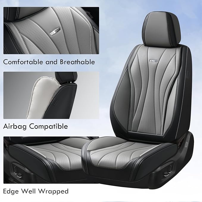 Coverado Car Seat Covers Front Seat, Waterproof Seat Cover, Leather Seat Cover for Cars, Automotive Seat Cover, Driver Car Seat Protector, Front Seat Cushion Universal Fit for Most Cars (Black&Gray)