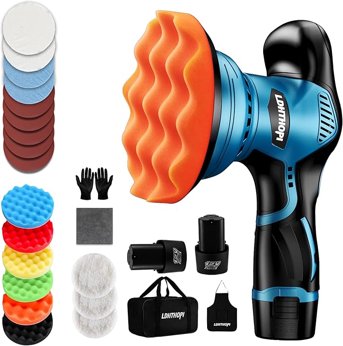 Cordless Polisher, 12V 2000mAh Battery Dual Action Polisher, 8 Variable Speed, 2600-6000OPM for Car Detailing, for Car, Boat, Wall, Floor, DIY (2 Batteries)