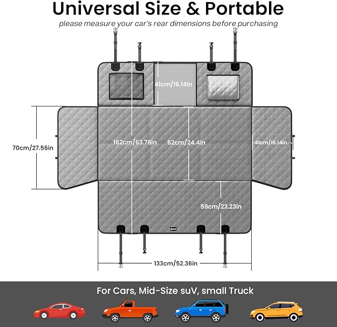 Dog Car Seat Cover for Back Seat, Waterproof Leather Fabric Back Seat Extender for dogs 52.4 * 24.4in, Foldable in The Car, Hard Panels Bottom Support to 330 lbs, for Cars/Mid-Size SUV/Small Truck