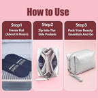 Insulated Makeup Bag with 2 Reusable Ice Packs Heat-Resistant Cosmetic Travel Pouch, Silver Vegan Leather Organizer with Water-Resistant Double Zipper & Wrist Strap(Small: 7.5 x 4.0 x 5.0 in)