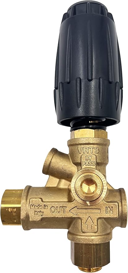 Annovi Reverberi VRT3R-310 Unloader, Black Spring, 4500 PSI, 10.5 GPM, Adjustment Knob, Pressure Gauge Inlet, Brass