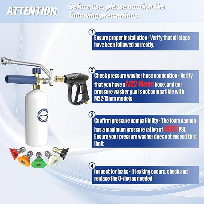 Foam Cannon Dual Connector Accessory, Pressure Washer Gun for Car Wash Kit, Double Tip Attachment for Soap Cannon, 5 Power Washer Sprayer Nozzles, 1/4 Inch Quick Connect, 1 Liter