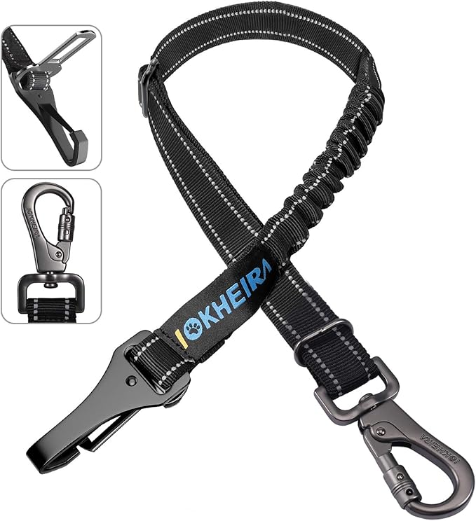 Dog Seat Belt 3-in-1 Car Harness for Dogs Adjustable Safety Seatbelt for Car Nylon Reflective Bungee Fabric Dog Car Harness with Clip Hook Latch & Buckle, Swivel Zinc Alloy Carabiner (Black)