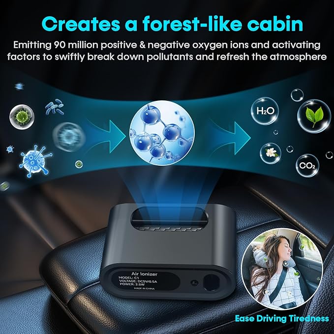 Smart Car Air Purifier Ionizer - Compact, Filter-Free Odor Eliminator for Smoke, Pet Odors and VOCs, Auto On/Off, Silent Operation, Universal Vent Clip Air Freshener for Car, Home, Office Use by Yakry