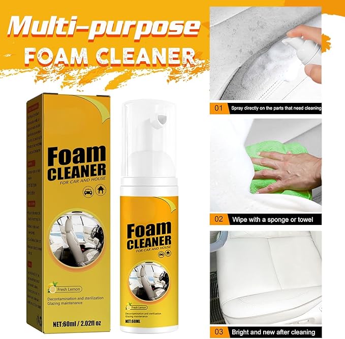 Car Interior Cleaner Foam – Multi-Surface Steering Wheel, Leather Seat & Dashboard Cleaner, 100ml | Enzyme-Powered Formula, Safe for All Surfaces, Quick Stain Removal (2 Pack)