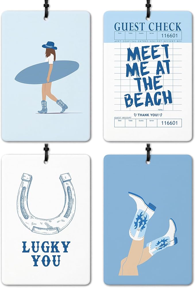 Meet Me at The Beach Car Air Freshener 4 Pcs, Blue Summer Coastal Cowgirl Surfing Boots Hanging Air Freshener for Cars Closet Drawer Books, Preppy Girly Car Accessories Mirror Decor for Women