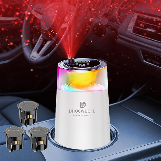 Smart Car Air Freshener with RGB Ambient Light & Starry Ceiling, Car Diffuser with Smart Spray Modes 4 Settings, 1600 Sprays USB-C Rechargeable, Auto On/Off, Built-in Battery, 3 Scents Refills (White)