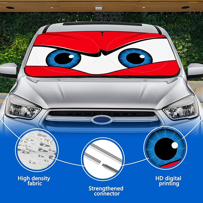 Car Windshield Sun Shade, Funny Car Eyes Sun Visor Wear-Resistant Black Tape, Foldable 63.7" L x 32" W