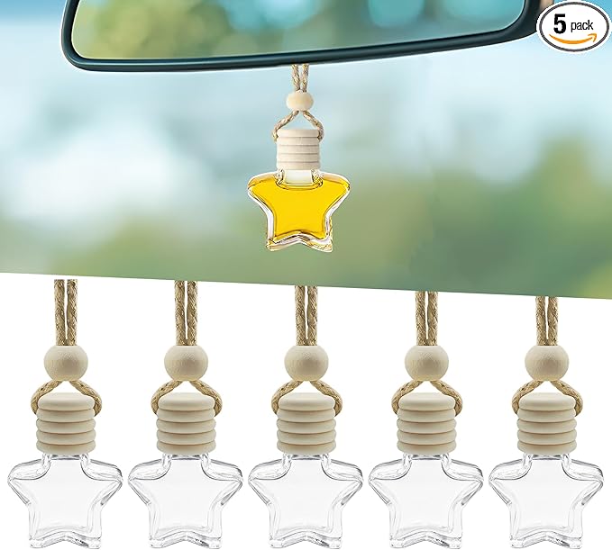 5PCS Hanging Car Air Freshener, Car Air Freshener Diffuser, 8ml Empty Glass Auto Oil Perfume Aromatherapy Diffuser Charms, Refillable Perfume Bottles for Most Vehicles (Star, Style 1)