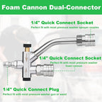 DUSICHIN Pressure Washer Gun Foam Cannon Dual Connector Shift Valve, Car Wash Foam Cannon Kit 1/4 Inch Quick Connector 5 Pressure Washer Nozzle Tips Build-in Design Work with A Pressure Washer DUS2703