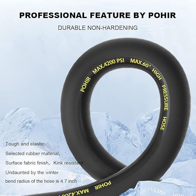 POHIR Pressure Washer Hose 150 FT with 3/8'' Quick Connect, High Tensile Wire Braided Power Washer Hose with 2 Quick Connect Kits, Compatible M22 14mm, Hose for Pressure Washer, 4200 PSI