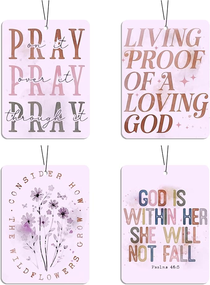 Christian Car Air Freshener 4 Pcs, Pink Inspirational Bible Quote Scented Hanging Decor for Women, Vehicles Home Church, Faith Based Mirror Gift